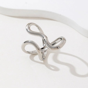Minimalist silver wavy layered ring with geometric hollow lines in a sleek design