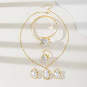 Baroque Irregular Artificial Pearl Necklace Earrings Ring And Bracelet Alloy Gold Silver Plated Elegant French Vintage Jewelry For Women