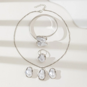 Baroque style irregular pearl jewelry set with silver necklace bracelet ring and earrings