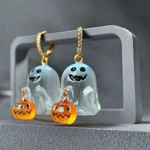 Φωσφοριζέ σκουλαρίκια Halloween με φάντασμα, κολοκύθα και χρυσούς κρίκους στρας