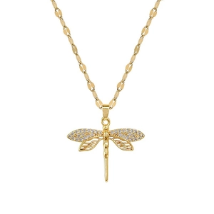 Elegant gold dragonfly necklace with diamond-encrusted wings and hollow wing design