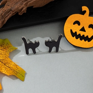 Halloween black cat stud earrings with orange pumpkin and autumn leaves decor