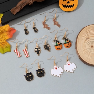 Boucles d'Oreilles Pendantes Halloween Émail pour Femmes Citrouille Fantôme Chat Chauve-souris Bijoux de Fête