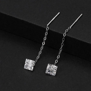 Silver drop earrings with square zircon and long chain, showing S925 hallmark
