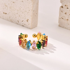 Adjustable gold stainless steel ring with colorful marquise-cut zircon stones