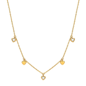 Elegant gold stainless steel necklace with polished hearts and white zircon heart charms