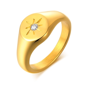 Gold stainless steel signet ring with engraved star pattern and zircon stone inlay