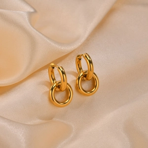 Damen Edelstahl Creolen Mit Doppelring-Design Vergoldet Minimalistische Geometrische Kreis Ohrringe Mode Schmuck