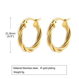 Minimalist 18K gold plated stainless steel twisted hoop earrings, 21.8mm diameter
