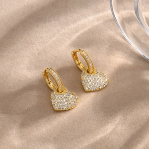 Fashion Women 18K Gold Plated Brass Heart Hoop Earrings Full AAA Cubic Zirconia Dangle Earrings Elegant Heart Jewelry Gift