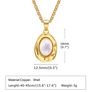 Detailed view of gold plated copper shell pendant with precise dimensions and size specs