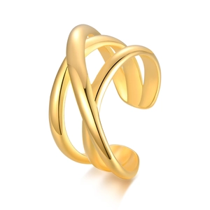 Anillo abierto de acero inoxidable dorado con diseño de capas múltiples cruzadas en X