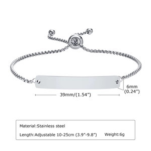 Detail of adjustable stainless steel bracelet with 39x6mm engravable bar plate and 10-25cm chain