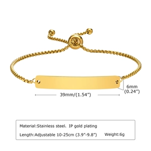 Detail of adjustable gold stainless steel bar bracelet showing precise dimensions and scale