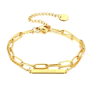 Minimalist double-layered gold bracelet with paperclip chain and Good luck engraving