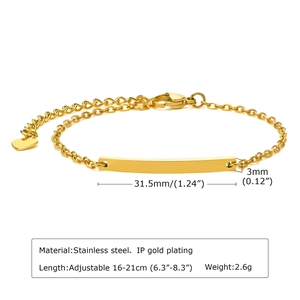 Detail showing dimensions and material of adjustable gold stainless steel ID bar bracelet