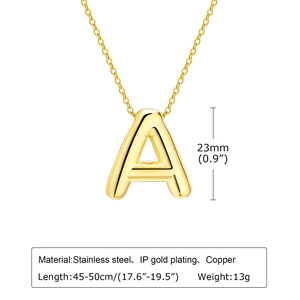 Gold IP plated stainless steel initial A necklace with measurements and specifications