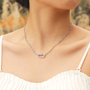 Women's gold stainless steel paperclip chain necklace with a zircon-encrusted carabiner pendant