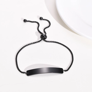 Detail of adjustable black stainless steel ID bracelet with bead chain and sliding clasp