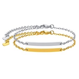 Polished stainless steel ID bracelets in gold and silver with heart charm details