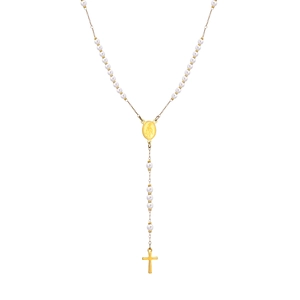 Goldene Maria und Kreuz Y-Halskette mit weißen Perlenimitat-Perlen für Damen