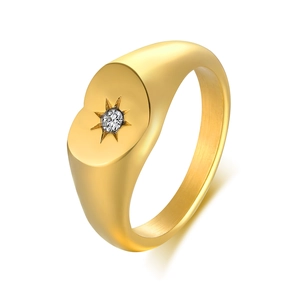 Gold plated stainless steel signet ring with starburst pattern and clear zircon stone