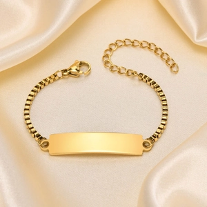 Golden stainless steel box chain bracelet featuring a polished rectangle ID plate