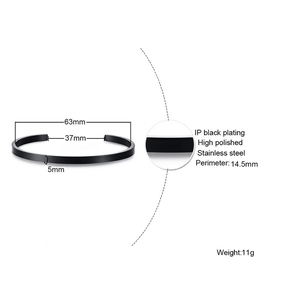 Detailed view of 5mm black stainless steel cuff bangle with size measurements