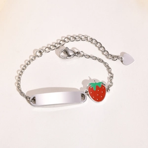Polished stainless steel ID bracelet with red strawberry charm and heart pendant