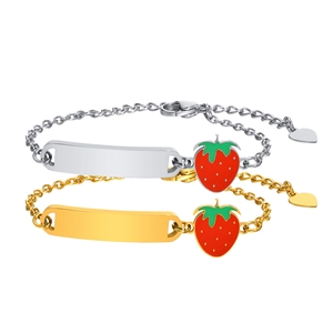 Adjustable stainless steel chain bracelets with strawberry pendant and engravable plate