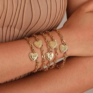 Five-piece 14K gold-plated stainless steel lip chain bracelets with heart letter charms
