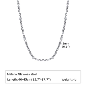 Detail of 2mm stainless steel beaded chain necklace with 40-45cm length specs