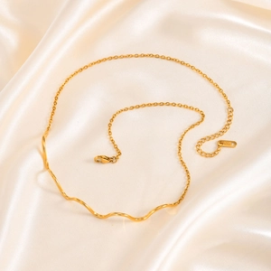 Elegant gold water wave necklace in 18k stainless steel on minimalist flat cross chain