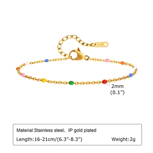 Detail of IP gold plated stainless steel chain with colorful 2mm enamel beads and K18 tag