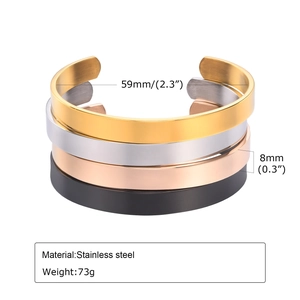 Detailed specs for four-piece 8mm stainless steel cuff bracelet set in assorted colors