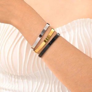 Minimalist stainless steel open cuff bracelets set in silver gold and black finishes