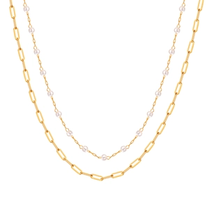 Collier double épaisseur doré avec chaîne trombone et perles blanches élégantes pour femme