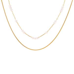 Golden double-layer necklace featuring clip chain with pearls and sleek snake bone chain