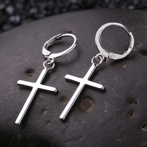 Boucles d'Oreilles Créoles Pendantes Croix en Alliage Punk Minimaliste Avec Tige en Argent Sterling 925 Bijoux Polis pour Homme Femme