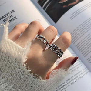 Vintage S925 sterling silver wide rings with retro chain and mesh texture on hand
