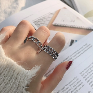 Retro S925 silver wide chain and woven pattern open adjustable rings for women