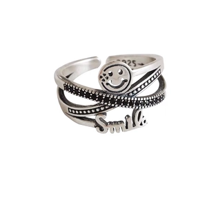 S925 silver multi-layer crossover smile ring with black diamonds and open band