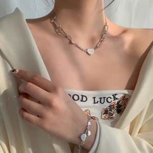 Parure de collier et bracelet avec pendentif cœur en argent S925 et chaîne épaisse