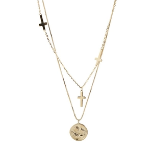 Collar de doble capa dorado con tres cruces y colgante de moneda redonda para mujer
