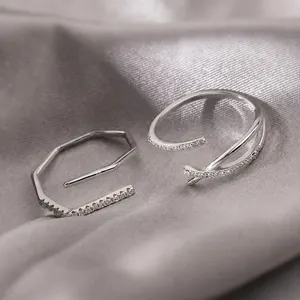 Anillos minimalistas de plata geométricos de octágono y doble espiral con incrustación de circón