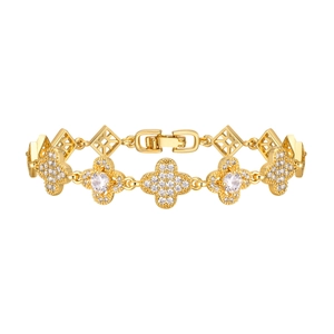 Elegantes goldenes Kleeblatt-Armband mit Zirkonia-Steinen und hohlen Rautenmustern