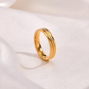 Fashion Stainless Steel Gold Plated Triple Layer Grooved Ring For Women Minimalist Polished Sand Blasted Stackable Band Jewelry Gift