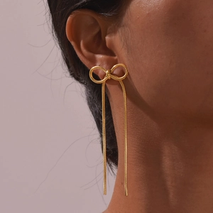 Boucles d'Oreilles Clous à Glands en Nœud Papillon en Acier Inoxydable pour Femmes Boucles d'Oreilles Longues Chaîne Serpent Or