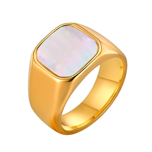 Vintage 18K gold stainless steel ring with a square white shell inlay for women