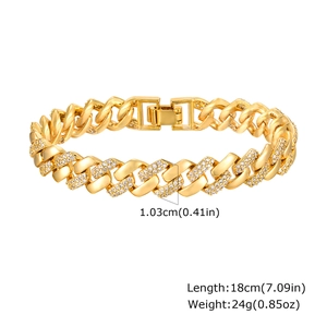 Detail view of 10mm gold Cuban link bracelet with zircon inlay and size dimensions